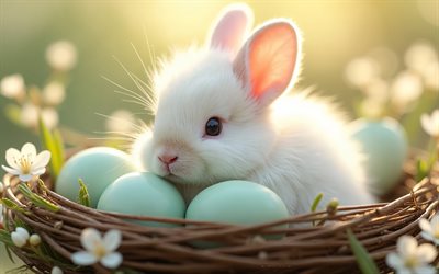 lapin de pâques aux œufs bleus, 4k, joyeuses pâques, œufs de pâques turquoise, lapin de pâques, lapin avec des oeufs de pâques, décorations de pâques, pâques, lapin blanc moelleux