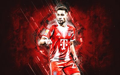 Raphael Guerreiro, FC Bayern Munich, goal celebration, red stone background, Portuguese football player, Bundesliga, Germany, football, Raphael Adelino Jose Guerreiro, Raphael Guerreiro Bayern Munich, grunge art