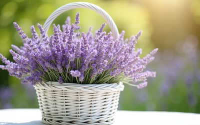 panier blanc à la lavande, 4k, fleurs de printemps, lavande, panier en osier blanc, bouquet de lavande, printemps
