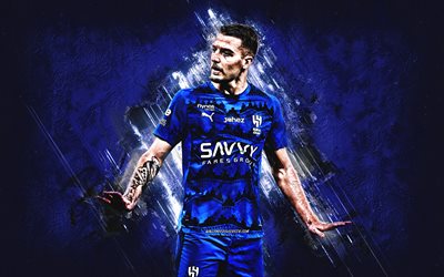 sergej milinkovic savic, al hilal, comemoração do gol, fundo de pedra azul, arte grunge, liga profissional saudita, sérvia, jogadores de futebol sérvios, futebol, al hilal sfc, clube saudita al hilal