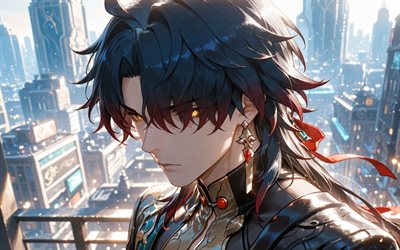 lâmina, 4k, paisagem urbana, fechar se, trilho estrela honkai, personagens de anime, mangá, personagens honkai star rail, caçadores de stellaron, lâmina honkai star rail