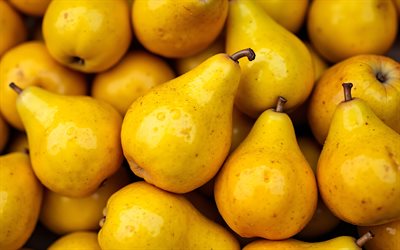 4k, peras amarillas, bokeh, frutas frescas, de cerca, peras premium, frutas maduras, peras maduras, fondo con peras, frutas, peras