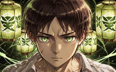 Eren Jaeger, 4k, japanese lanterns, close-up, Attack on Titan, green eyes, manga, Shingeki no Kyojin, anime characters, protagonist, Attack on Titan characters, Eren Jaeger Attack on Titan