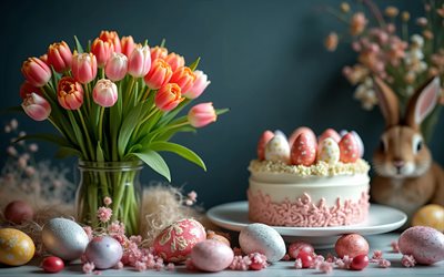 بيض عيد الفصح, 4k, زهور التوليب الملونة, كعكة عيد الفصح, خوخه, عيد فصح سعيد, زينة عيد الفصح, أرانب عيد الفصح, خلفيات عيد الفصح, عيد الفصح