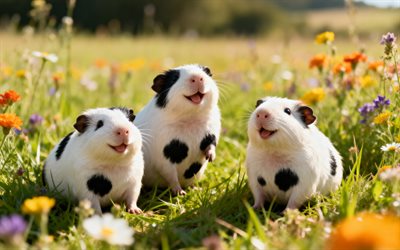 Guinea pigs, 4k, cute animals, rodents, Guinea pigs in the grass, green grass, spring, three guinea pigs, spotted guinea pigs