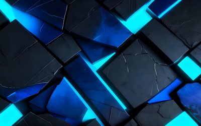 4k, أضواء النيون الزرقاء, الظلام, شظايا ثلاثية الأبعاد سوداء, الأشكال الهندسية, مبدع, نمط هندسي مجزأ, عمل فني, خلفية ثلاثية الأبعاد داكنة, خلفية مجردة داكنة, الأشكال, خلفيات ثلاثية الأبعاد, أشعة النيون الزرقاء