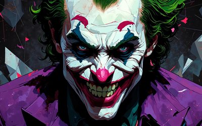 4k, joker sonriente, fondo geométrico oscuro, supervillano, obra de arte, bromista, arte abstracto, comodín 4k, creativo, arte del comodín