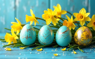 oeufs de pâques bleus, 4k, fond en bois bleu, jonquilles jaunes, joyeuses pâques, oeufs de pâques, fleurs de printemps, jonquilles, décorations de pâques, concepts de pâques, pâques