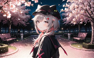 neneko mashiro, 4k, primavera, flor de cerezo, youtuber virtual, parque, obra de arte, vtuber, chica con ojos azules, neneko mashiro stellive, manga, canal stellive, youtuber virtual stellive