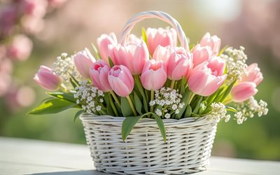 panier blanc avec tulipes roses, 4k, fleurs de printemps, tulipes roses, panier en osier blanc, bouquet de tulipes roses, printemps, tulipes
