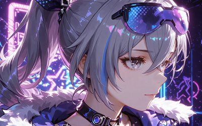 4k, Silver Wolf, darkness, violet neon lights, Honkai Star Rail, artwork, anime characters, manga, Honkai Star Rail characters, Silver Wolf Honkai Star Rail