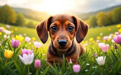 cachorro de perro salchicha, 4k, primavera, bokeh, perros, animales lindos, cachorros, mascotas, perro tejonero, flores de primavera, cachorro en el césped, perro salchicha