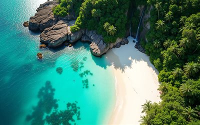 Blue Lagoon, 4K, beautiful bay, ocean, tropical islands, palm trees, paradise, waterfall on the shore, rocks, waterfall, summer travel, vacation