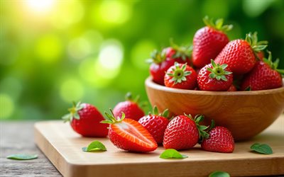 4k, cuenco de madera con fresas, de cerca, bayas maduras, frutas de verano, frutas frescas, bokeh, frutas maduras, peras maduras, bayas, fondo con fresas, frutas, fresas