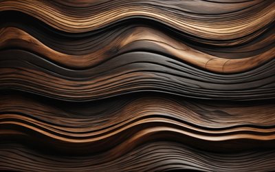 4k, texture en bois sombre, macro, bois dur, textures en bois, fond en bois marron, texture en bois ondulée, textures naturelles, motifs en bois ondulés