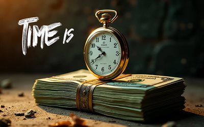 Time is money, 4K, watches on money, motivation, Time is money concepts, quotes about money