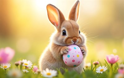conejito de pascua con huevo, 4k, flores de primavera, felices pascuas, conejito de pascua, noche, atardecer, pascua de resurrección, huevos de pascua