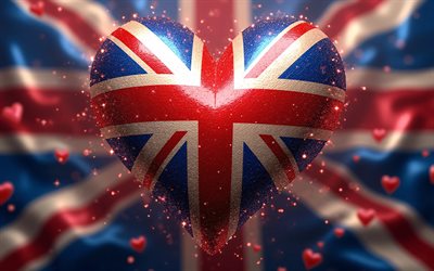 eu amo a grã bretanha, 4k, criativo, fundo ondulado de tecido, bokeh, dia da grã bretanha, bandeira da grã bretanha, coração com bandeira britânica, corações 3d, bandeira britânica, grã bretanha, amor pela grã bretanha, bandeira do reino unido, união jack