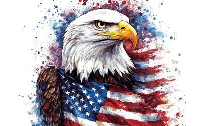 águila calva, 4k, arte de salpicaduras de pintura, aves de presa, bandera de estados unidos, bandera americana, águila calva envuelta en la bandera de estados unidos, símbolo de los eeuu, águilas