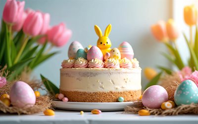 4k, بيض عيد الفصح, خوخه, الزنبق الوردي, كعكة عيد الفصح, عيد فصح سعيد, زينة عيد الفصح, أرانب عيد الفصح, خلفيات عيد الفصح, عيد الفصح