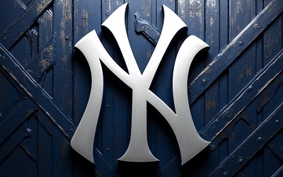 4k, new york yankees metalllogga, kreativ, blå metall bakgrund, mlb, baseball, new york yankees logotyp, new york yankees emblem, new york yankees 3d logotyp, amerikanskt basebolllag, new york yankees, ny yankees