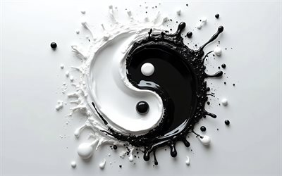 yin und yang, 4k, schwarze und weiße farbspritzer, yin  und yang zeichen, kunst malen, yin  und yang konzepte, philosophie, schwarz und weiß, yin  und yang kunst, yin  und yang symbol