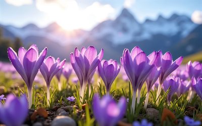 4k, violet crocuses, mountains, bokeh, spring flowers, bright sun, awakening of nature, pictures with crocuses, spring, crocuses, beautiful flowers