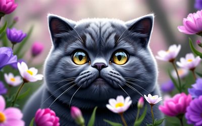 britische kurzhaarkatze, 4k, frühling, bokeh, katzen, süße tiere, haustiere, frühlingsblumen, katze auf dem rasen, britisch kurzhaar