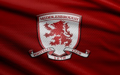 middlesbrough fc fabric logo, 4k, hintergrund roter stoff, meisterschaft, bokeh, fußball, middlesbrough fc logo, middlesbrough fc emblem, middlesbrough fc, englischer fußballverein, fc middlesbrough