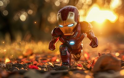 4k, Iron Man, autumn, superheroes, chibi, Marvel Comics, abstract art, Cartoon Iron Man, creative, Iron Man 4K, Chibi Iron Man