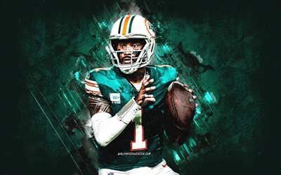 tua tagovailoa, miami dolphins, fond de pierre turquoise, grunge, nfl, tuanigamanuolepola donny tagovailoa, football américain, usa, ligue nationale de football, tua tagovailoa miami dolphins