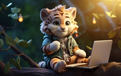 4k, tigre de dibujos animados, arte 3d, selva, tigre con laptop, animales de dibujos animados, relajación, tigre, animales lindos, tigre usando laptop, tigres