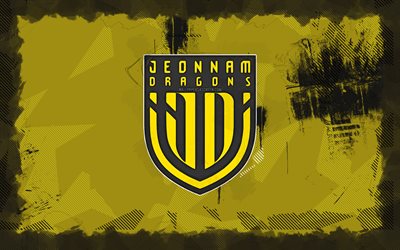 jeonnam dragons grunge logo, 4k, k league 2, fond de grunge jaune, football, emblème de jeonnam dragons, logo jeonnam dragons, dragons jeonnam, club de football sud coréen, jeonnam dragons fc