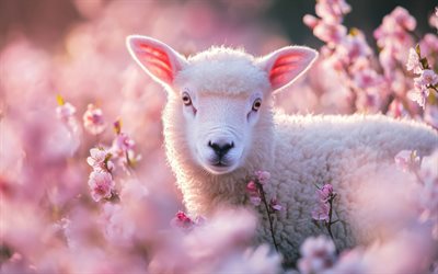 kleines weißes lamm, süße tiere, 3d  lamm, frühling, abend, sonnenuntergang, rosa frühlingsblumen, lämmer, lockiges kleines lamm