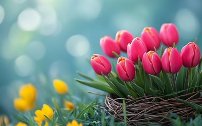 tulipani rosa, fiori primaverili, background di tulipani, tulipani rosa 3d, aiuola, tulipani, fiori 3d