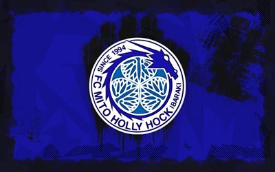 mito hollyhock grunge 로고, 4k, j2 리그, 파란색 그런지 배경, 축구, mito hollyhock emblem, mito hollyhock 로고, mito hollyhock, 일본 축구 클럽, mito hollyhock fc