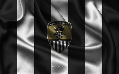 4k, notts county fc logo, schwarzer weißer seidenstoff, englische fußballmannschaft, notts county fc emblem, liga zwei, notts county fc, england, fußball, notts county