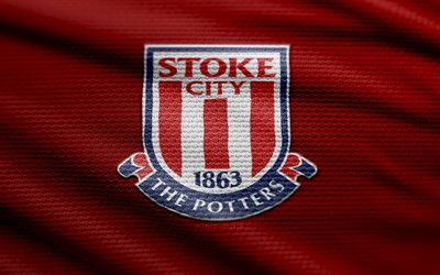 stoke city fc kumaş logosu, 4k, kırmızı kumaş arka plan, şampiyonluk, bokh, futbol, stoke city fc logosu, stoke city fc amblemi, stoke city fc, ingiliz futbol kulübü, fc stoke city