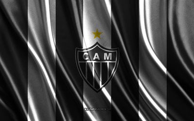 4k, logotipo do atlético mineiro, serie brasileira a, textura de seda branca preta, bandeira do atlético mineiro, time de futebol brasileiro, futebol, bandeira da seda, emblema do atlético mineiro, brasil, crachá do atlético mineiro, atlético mineiro