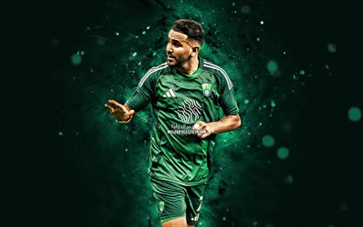 4k, riyad mahrez, contexte abstrait vert, al ahli fc, ligue professionnelle saoudienne, footballeurs algériens, riyad mahrez 4k, néons verts, football, riyad mahrez al ahli, club de football saoudien al ahli