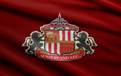 Sunderland AFC fabric logo, 4k, red fabric background, Championship, bokeh, soccer, Sunderland AFC logo, football, Sunderland AFC emblem, Sunderland AFC, english football club, Sunderland FC
