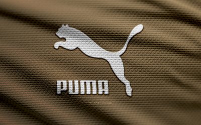 4k, logo di tessuto puma, marchi di moda, bokeh, sfondo in tessuto marrone, logo puma, logo dei marchi, puma, marchi