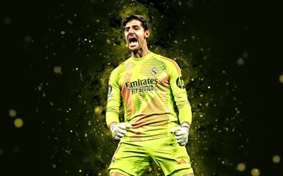 Thibaut Courtois, 4k, green neon lights, Real Madrid, La Liga, Belgian footballers, Thibaut Courtois 4K, football, soccer, Real Madrid CF, Thibaut Courtois Real Madrid, LaLiga, Real Madrid FC