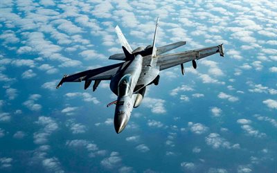 4k, McDonnell Douglas FA-18 Hornet, flying fighters, US Air Force, clouds, fighter-bombers, FA-18, combat aircraft, turbines, US army, aircraft, military aviation, FA-18 Hornet, McDonnell Douglas