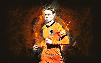 フレンキー・ド・ジョン, オランダナショナルフットボールチーム, オランダのフットボール選手, オレンジ色の石の背景, グランジアート, オランダ, フットボール, フレンキーデジョンオランダ