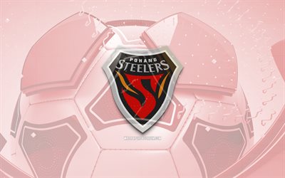 ポハン・スティーラーズは光沢のあるロゴ, 4k, 赤いサッカーの背景, kリーグ1, サッカー, ポハン・スティーラーズ, 韓国フットボールクラブ, ポハン・スティーラーズのエンブレム, ポハン・スティーラーズのロゴ, pohang steelers fc