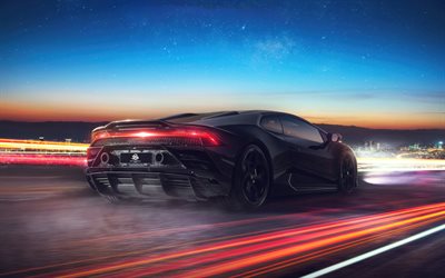 lamborghini huracan, 4k, vue arrière, voitures 2019, supercars, blur de mouvement, lamborghini huracan 2019, feux de signalisation, voitures italiennes, lamborghini