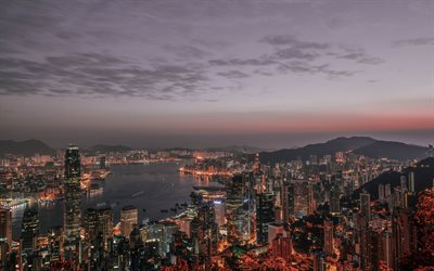 홍콩, 국제 금융 센터, 홍콩 중앙 지구, 홍콩 파노라마, 저녁, 일몰, 홍콩 시티, 홍콩 고층 건물, 아시아, 상업 사무실