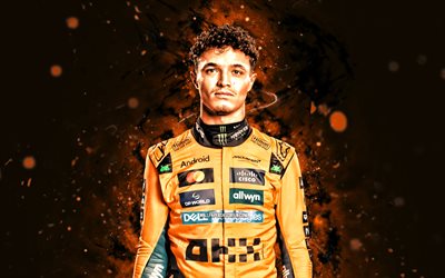 Lando Norris, 4k, orange neon lights, McLaren F1 Team, Formula 1, British racing drivers, Lando Norris 4K, McLaren Formula 1 Team, F1, McLaren-Mercedes, McLaren, Lando Norris McLaren