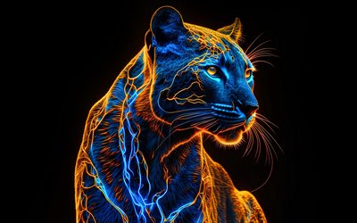 panther, 4k, zusammenfassung kunst, raubtiere, neonlichter, raubkatze, zusammenfassung panther, räubertiere, wilde katzen, panthera, schwarzer leopard, panthers